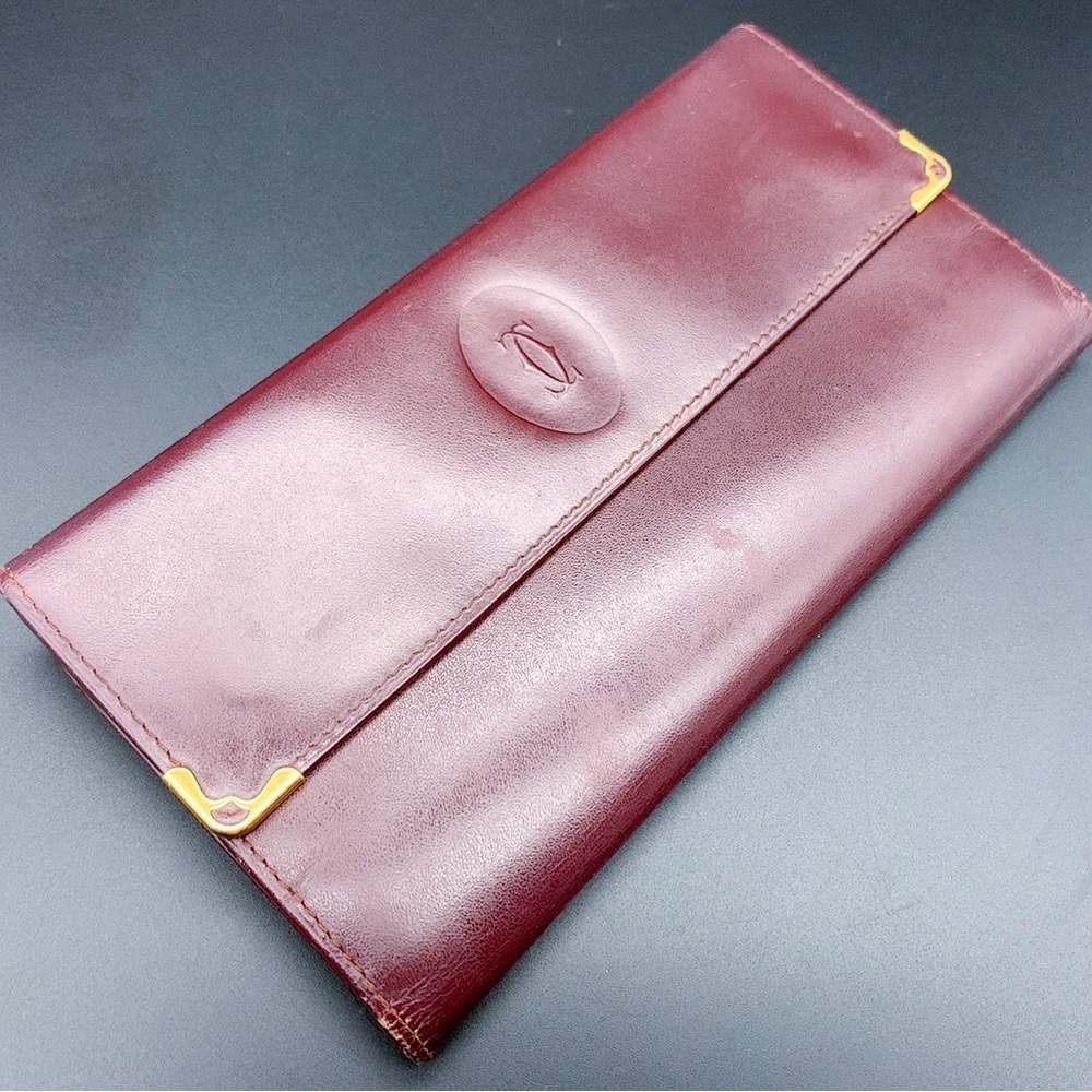 Cartier Tri-fold Burgundy Long Leather Wallet